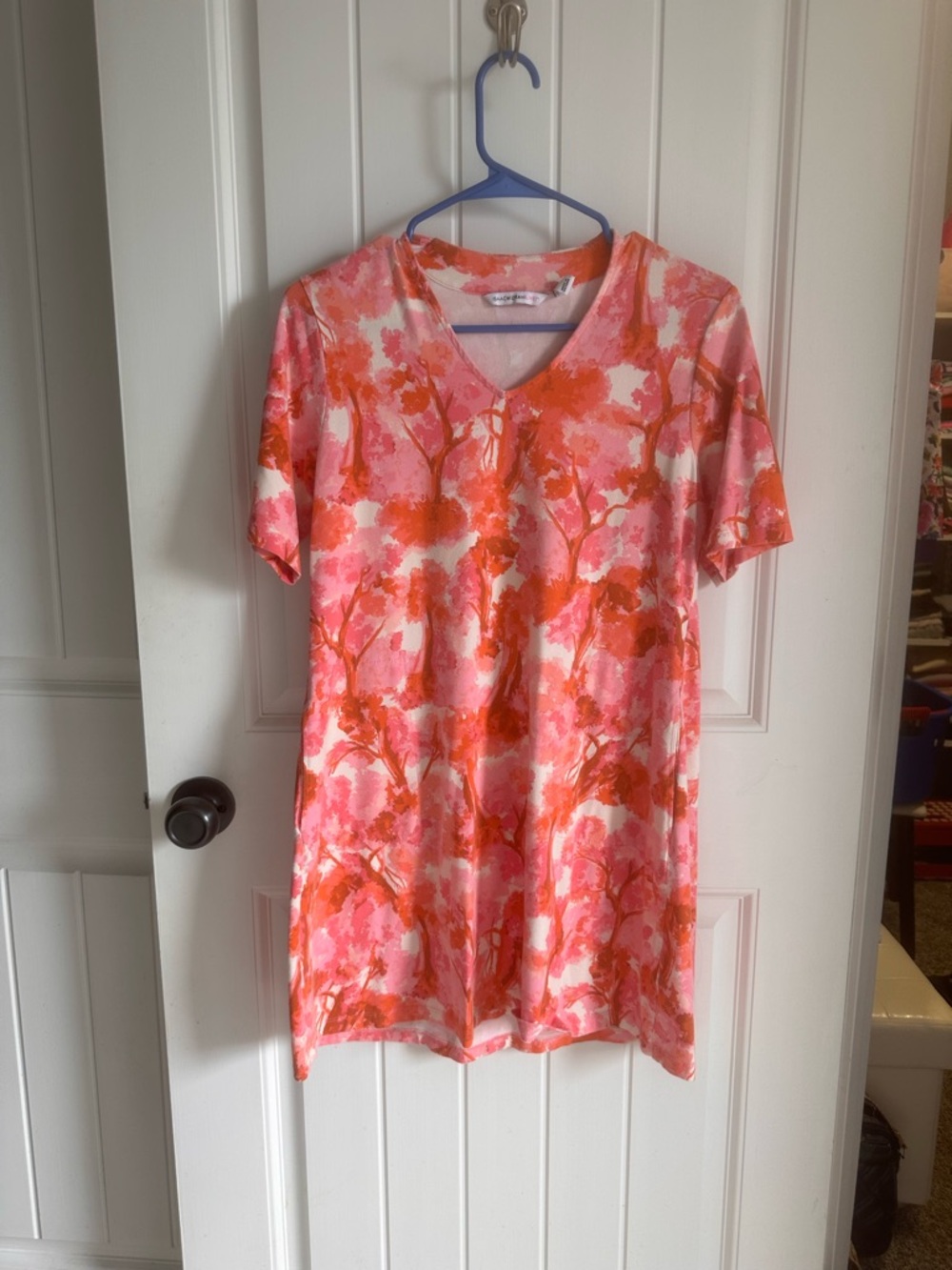 Isaac Mizrahi Pink and Orange Floral V-Neck Mini Dress